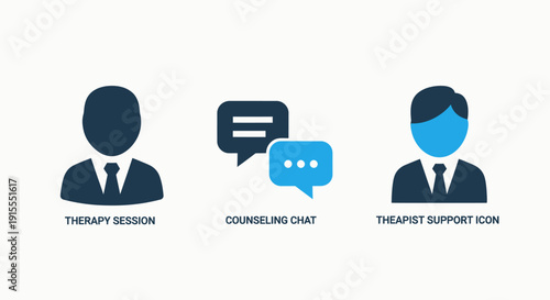 Mental Health Support Icons: Therapy Session, Counseling Chat, and Therapist
