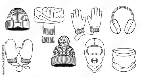 Assorted winter accessories including hats, gloves, and headbands Vector