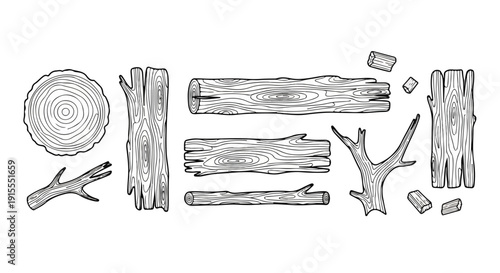 A collection of various wooden objects and materials for crafting and construction. Vector