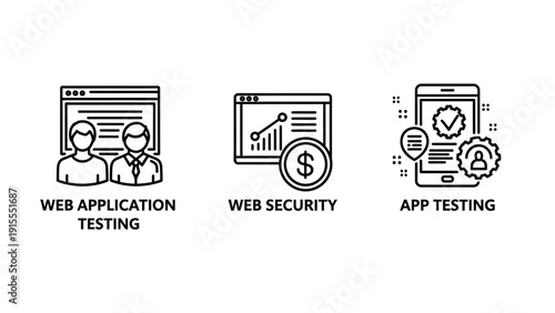 Business and technology icons: web application testing, web security with dollar coin, and app testing on smartphone, for digital services and IT.
