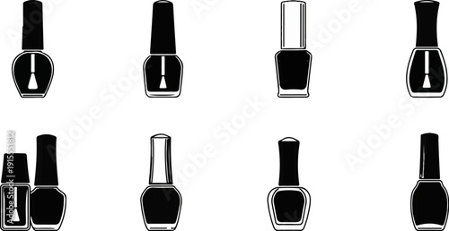 Collection of eight black and white icons featuring various nail polish bottles