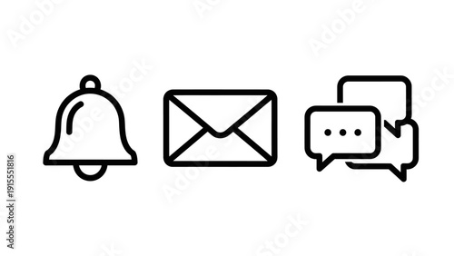 Icons for notification bell, email envelope, and chat bubbles, representing communication, messaging, and alerts.