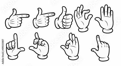 Collection of eight cartoon-style hand gesture icons, black outlines on white