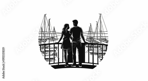Couple embracing on a railing overlooking a harbor full of sailboats