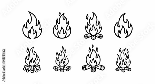 Collection of eight simple outline illustrations of campfires with flames