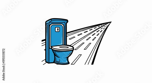 Blue portable toilet next to a vanishing point highway