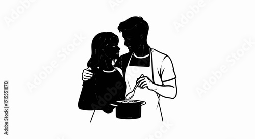 Couple embracing while cooking together, one stirring a pot