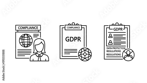 GDPR Compliance Icons: Data Protection, Privacy, Business Regulations, International Law, and Legal Authority Concepts