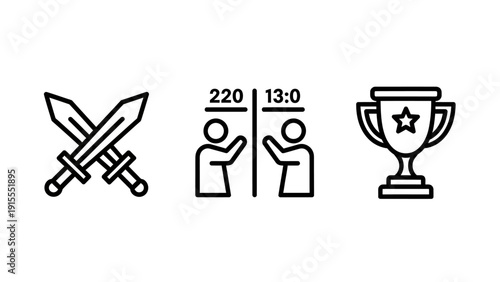 Icons representing competition and success: crossed swords for conflict, scoreboards for a match, and a trophy for winning, symbolizing rivalry and achievement.