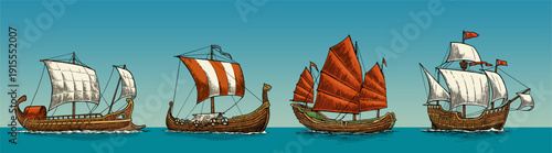 Trireme, caravel, drakkar, junk. Set historical wooden sailing ships floating on the sea waves. Hand drawn design element. Vintage vector color engraving illustration for poster, postmark.
