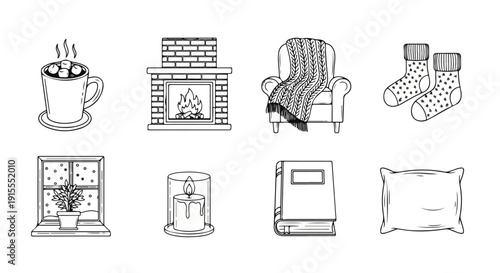 A collection of cozy and vintage home items in black and white Vector