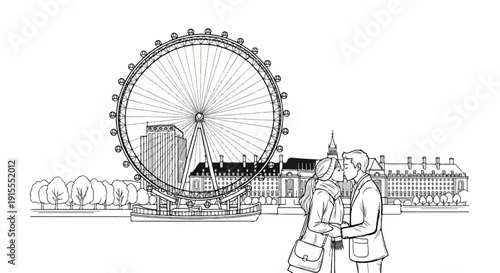 Couple kissing with a Ferris wheel and cityscape in the background