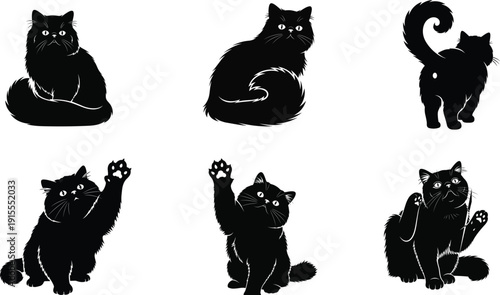 Six black cat silhouettes in various poses showcasing their playful and curious nature in silhouette form