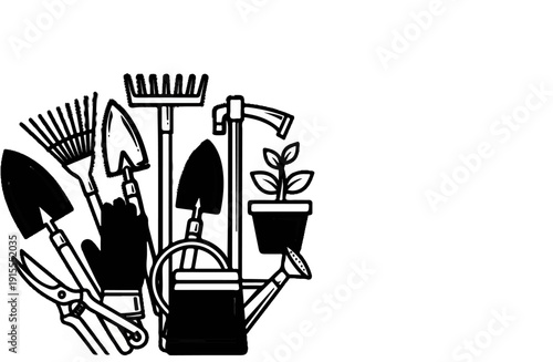 Collection of gardening tools and a potted plant in a circular arrangement