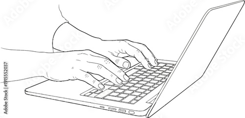 Close-up line drawing of hands typing on a laptop keyboard
