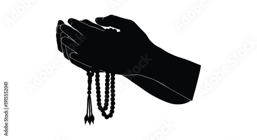 A black silhouette depicts a hand holding prayer beads possibly in a gesture of reverence or spiritual contemplation silhouette