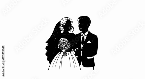 Couple in wedding attire, smiling, holding bouquet