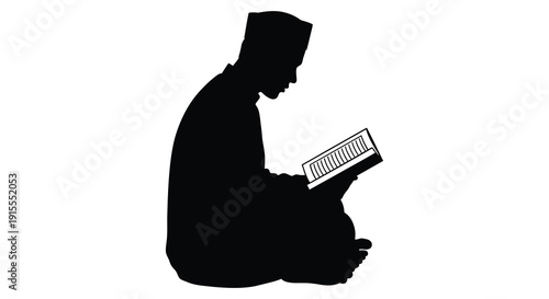 A black silhouette depicts a person seated and reading from an open book likely a religious text against a plain white background