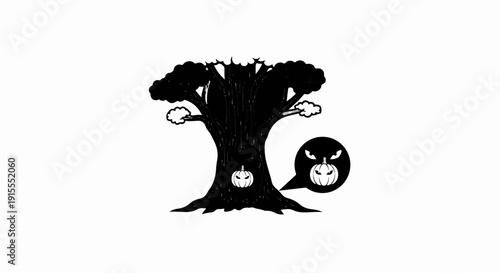 Black silhouette of a spooky tree with carved pumpkins and speech bubble