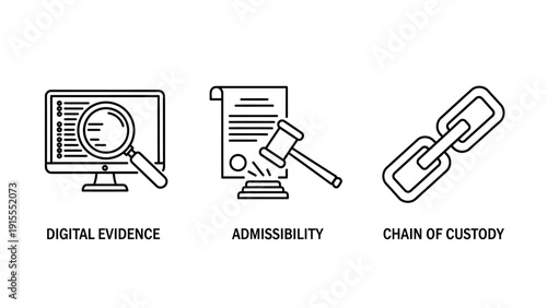 Digital Evidence, Admissibility, and Chain of Custody Icons - Legal and Forensics Concepts