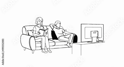 Couple relaxing on sofa, one reads book, other watches TV