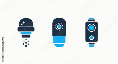 Salt Shaker, Deodorant Spray, and Camera Lens Icons - Everyday Objects and Gadgets