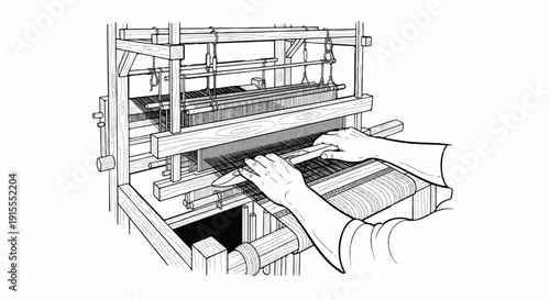 Close-up line drawing of hands operating a traditional wooden loom, creating fabric