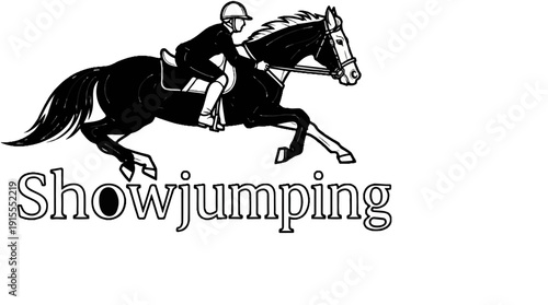 Black horse and rider in mid-air jump with text below