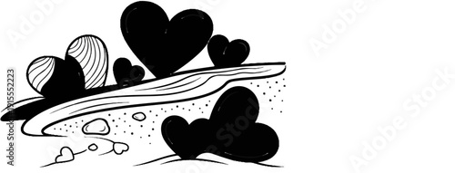 Black heart shapes and striped abstract forms resting on a wavy surface