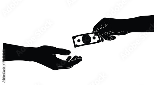 Two hands exchanging a single dollar bill depicting a transaction or payment presented as a stark black silhouette