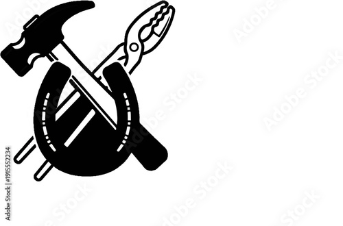 Black horseshoe crossed with hammer and pliers tool icon