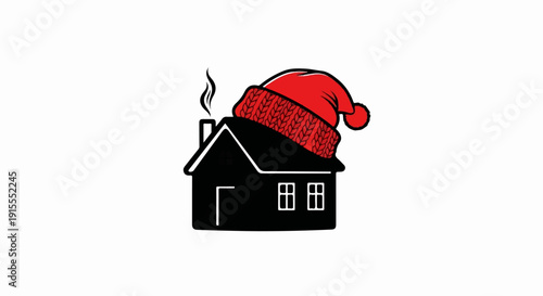 Black house with red knitted winter hat and chimney smoke