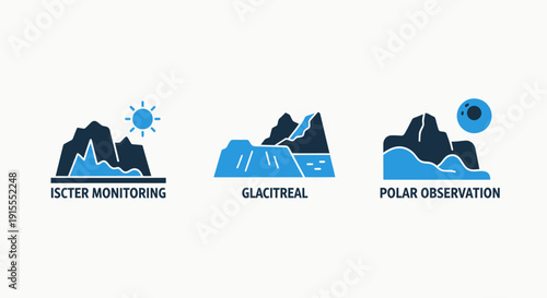 Illustrations depicting ice monitoring, glacial landscapes, and polar observation for climate and environmental science.