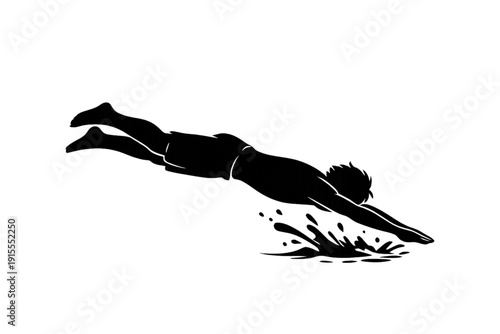 Dynamic Black Silhouette Vector Illustration of a Swimmer Diving into Water: Monochromatic Minimalist Graphic Design of an Athletic Figure Gliding Through Liquid, Isolated on a Dark Background.