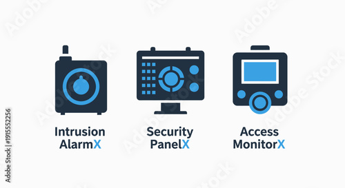 Security icons for intrusion alarm, control panel, and access monitor, representing safety and surveillance systems.