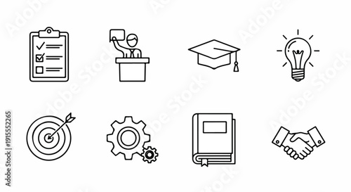 Icons representing various aspects of education, business, and technology Vector