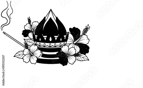 Black incense burner with flowers and smoke on white background