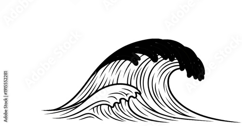 Black ink drawing of a large crashing wave and a smaller wave