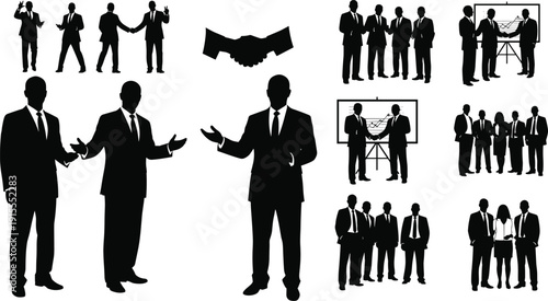 Silhouette of businessmen in various poses and group settings black silhouettes on white background office and presentation scenes