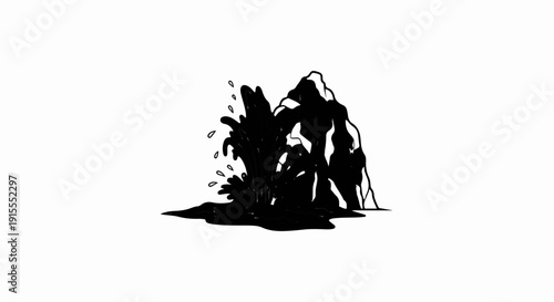 Black ink drawing of a rocky fountain with splashing water against white background