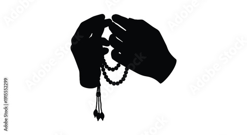 A black silhouette depicts a pair of hands holding a beaded necklace possibly during prayer or meditation against a stark white background