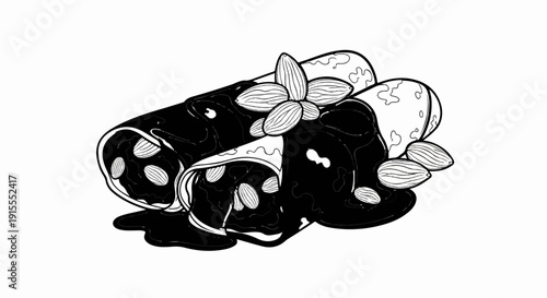 Chocolate-covered sweet rolls with almonds and a swirl of sauce