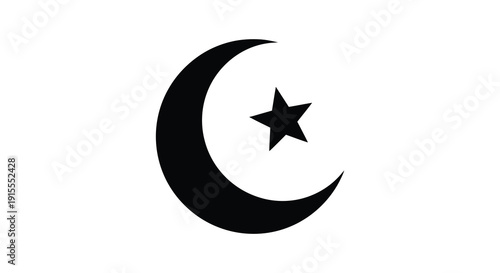 A stark black crescent moon with a five pointed star prominently displayed against a clean white background a simple silhouette