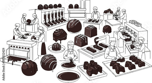 Chocolate factory workers crafting various confections with care