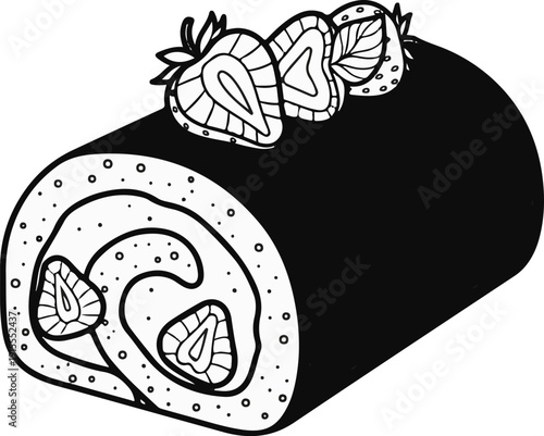 Chocolate swiss roll cake with fresh strawberry slices on top