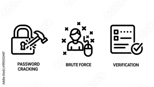 Icons depicting password cracking, brute force attack, and verification, illustrating cybersecurity threats and authentication processes.