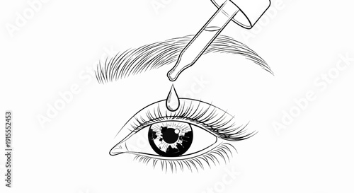 Close-up line drawing of an eye receiving a drop from a dropper