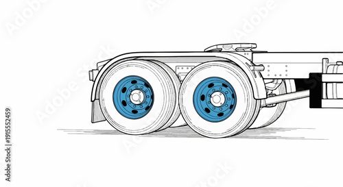 Close-up line drawing of a tandem truck axle with blue wheel rims