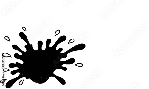Black ink splatter with droplets on white background (1)