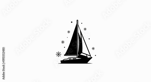 Black silhouette of a sailboat with snowflakes and dots